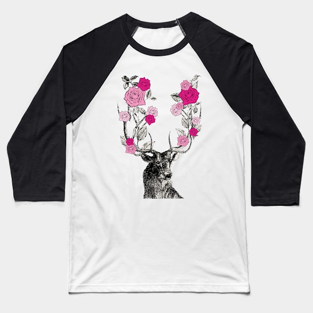 Stag and Roses | Stag and Flowers | Pink Roses | Baseball T-Shirt by Eclectic At Heart